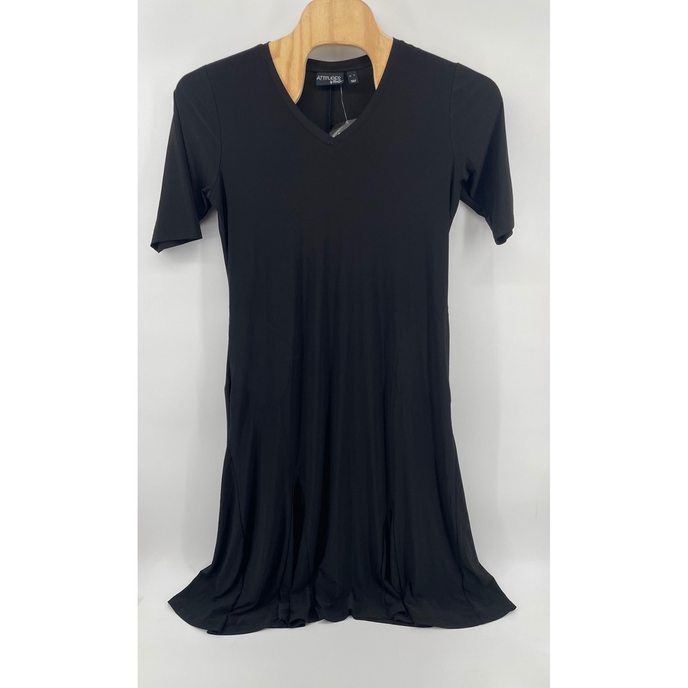 Attitudes by Renee Dress Women XL Black V-Neck Short Sleeve Como Jersey A-Line